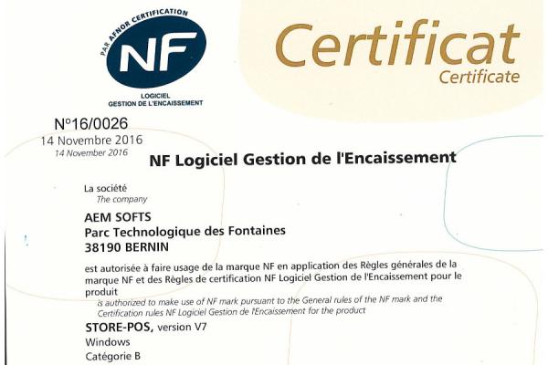 Certificat NF Logiciel Gestion de l'Encaissement